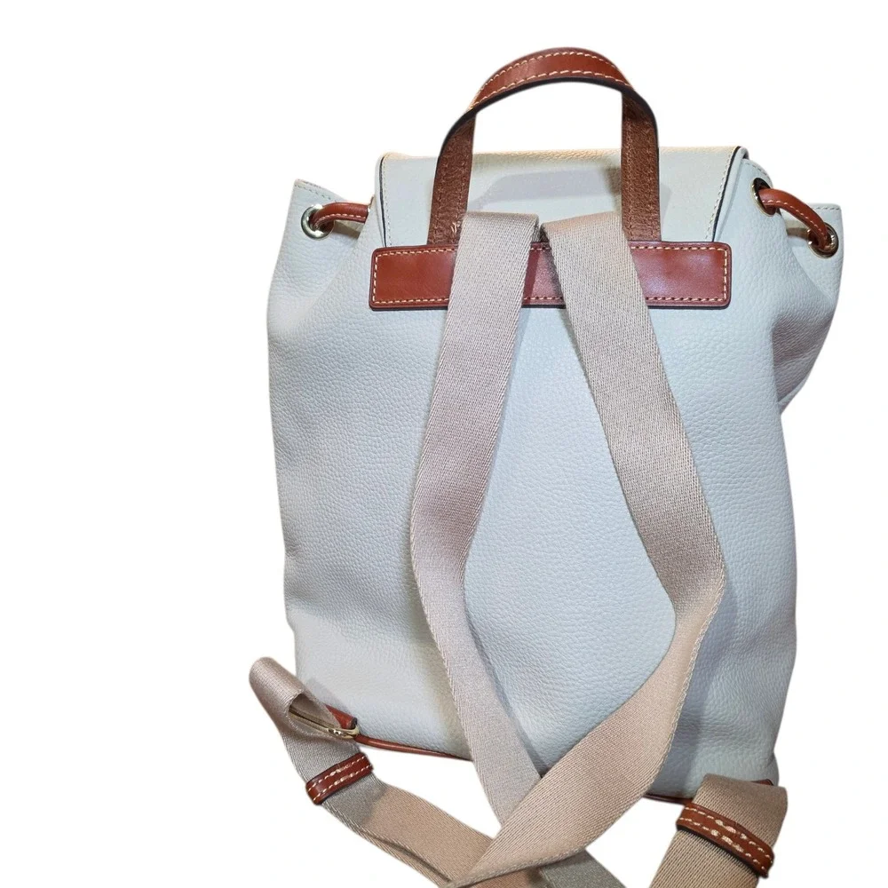 Dooney & Bourke Pebbled Leather Drawstring Backpack White Tan Tassel Logo